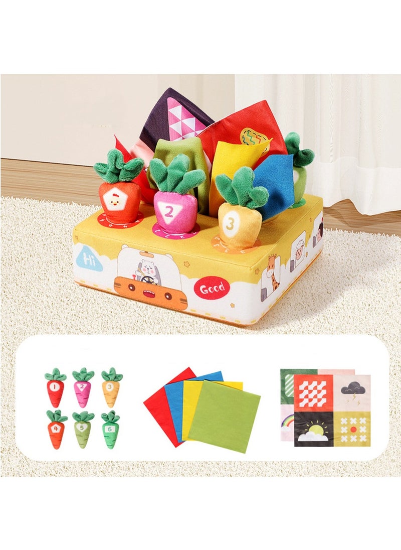 2 in1 Baby Tissue Box Toy with Carrot Pulling and Extract tissue paper - Includes 6 Carrots, 4 Ultra-soft Tissues, and 2 Crinkle Papers - Encourages Sensory Development, Hand-eye Coordination (Bear Bus)