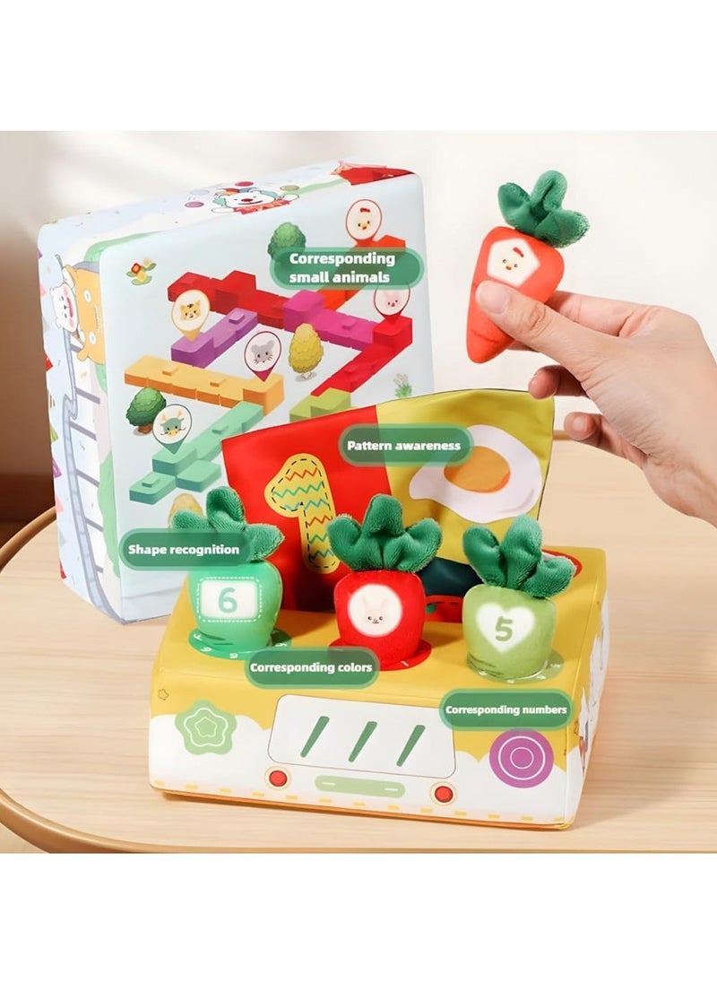 2 in1 Baby Tissue Box Toy with Carrot Pulling and Extract tissue paper - Includes 6 Carrots, 4 Ultra-soft Tissues, and 2 Crinkle Papers - Encourages Sensory Development, Hand-eye Coordination (Bear Bus)