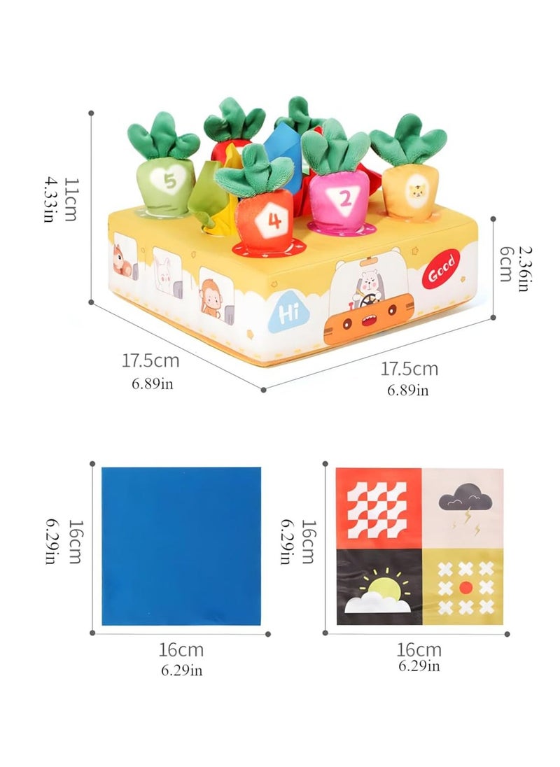 2 in1 Baby Tissue Box Toy with Carrot Pulling and Extract tissue paper - Includes 6 Carrots, 4 Ultra-soft Tissues, and 2 Crinkle Papers - Encourages Sensory Development, Hand-eye Coordination (Bear Bus)