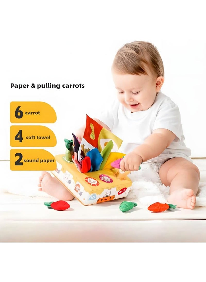 2 in1 Baby Tissue Box Toy with Carrot Pulling and Extract tissue paper - Includes 6 Carrots, 4 Ultra-soft Tissues, and 2 Crinkle Papers - Encourages Sensory Development, Hand-eye Coordination (Bear Bus)