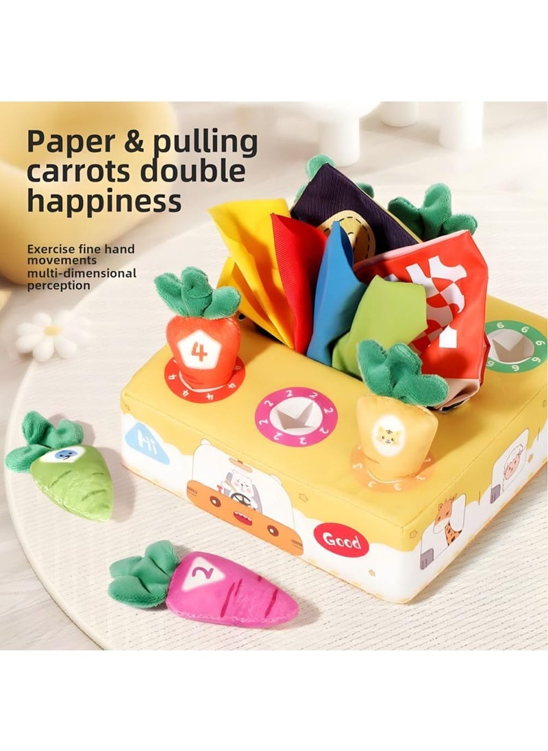 2 in1 Baby Tissue Box Toy with Carrot Pulling and Extract tissue paper - Includes 6 Carrots, 4 Ultra-soft Tissues, and 2 Crinkle Papers - Encourages Sensory Development, Hand-eye Coordination (Bear Bus)