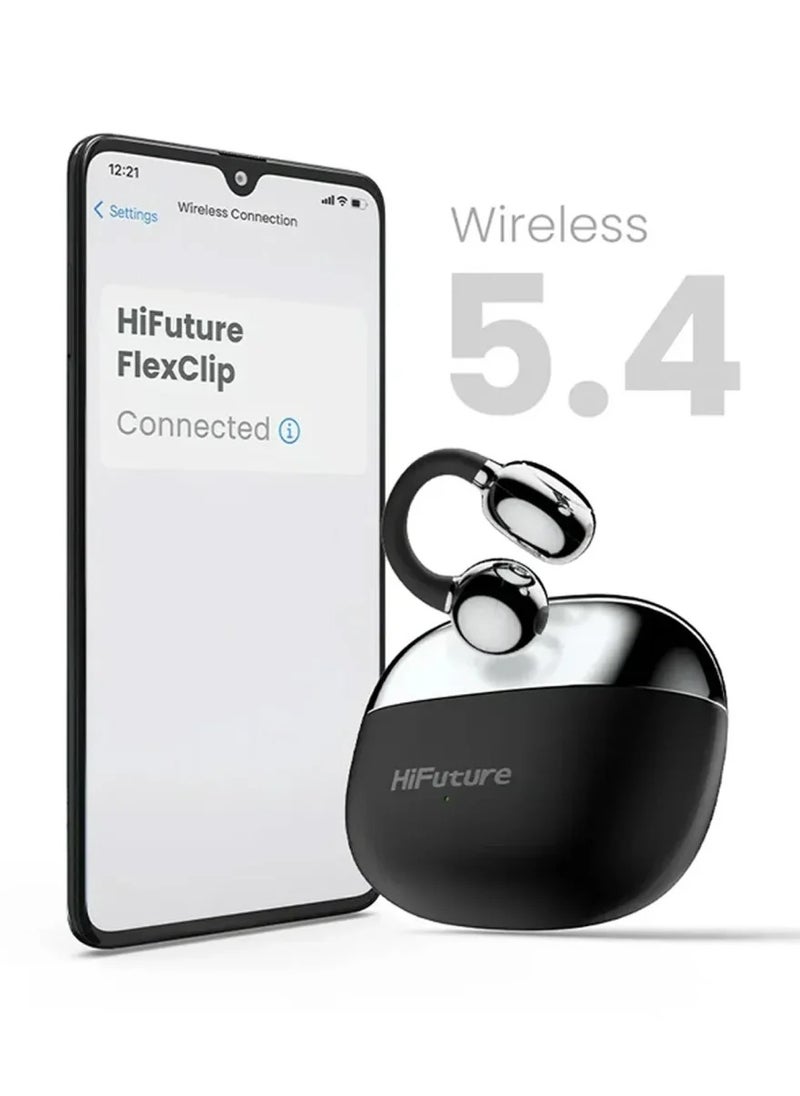 HiFuture FlexClip Open Ear Wireless Earbuds, 30 Hrs Playtime, AI ENC Noise Cancellation – Black