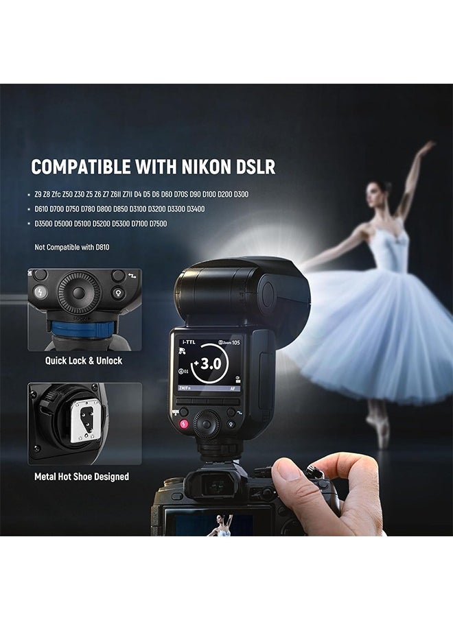 NEEWER Z2PRO-N 2.4G TTL Round Head Flash Speedlite Compatible with Nikon, Wireless Compatible with Godox, 76Ws 1/8000s HSS, Upgraded UI, TTL/M TCM Switch, 7.2V/3000mAh Battery, 600 Full Power Flash