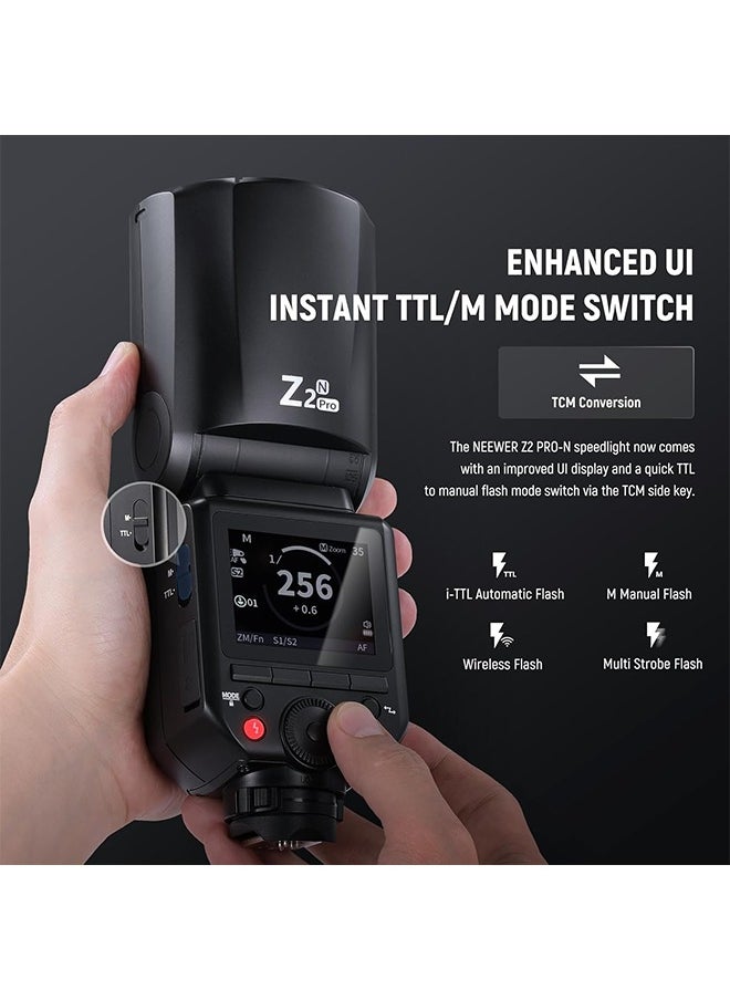 NEEWER Z2PRO-N 2.4G TTL Round Head Flash Speedlite Compatible with Nikon, Wireless Compatible with Godox, 76Ws 1/8000s HSS, Upgraded UI, TTL/M TCM Switch, 7.2V/3000mAh Battery, 600 Full Power Flash