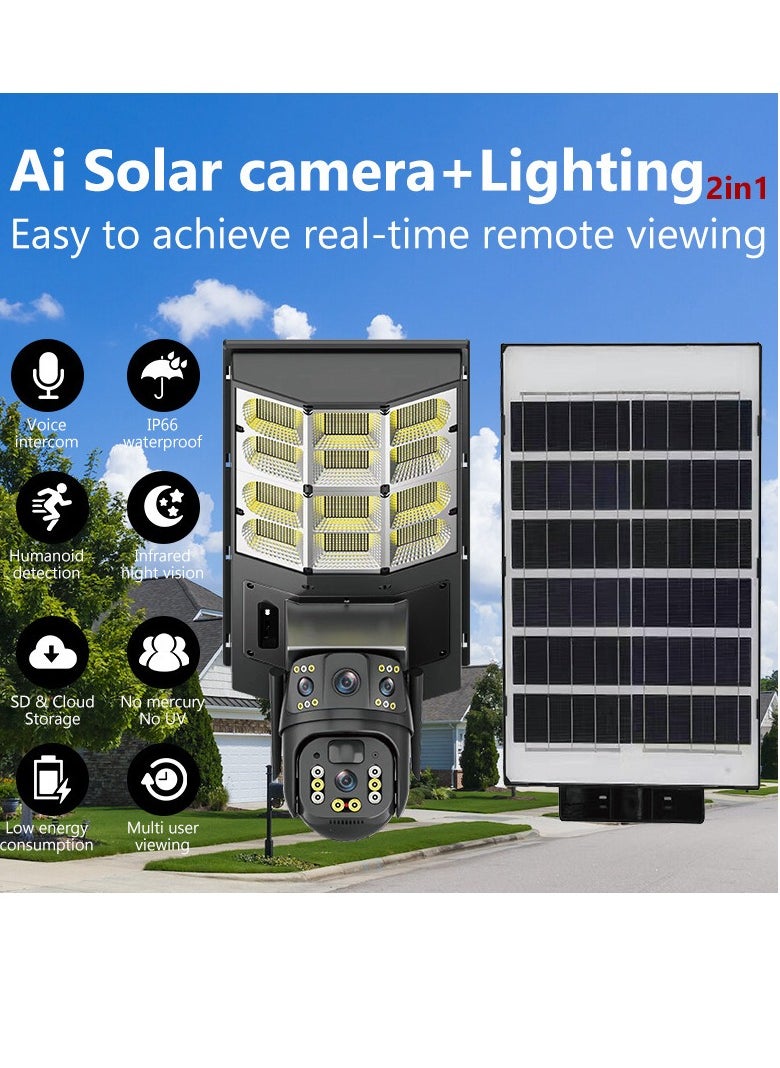 Solar Security Camera With Lights, 360 Degree Panoramic Solar Street Light Camera, Weather Resistant Durable Outdoor Camera Monitor For Security And Lightening, (1pc, Black)