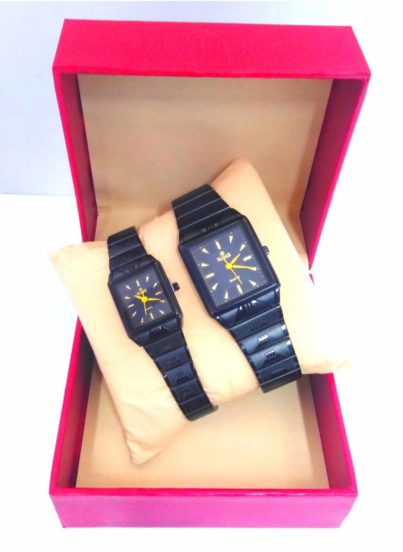 Square Quartz Watch Set, Black Metal Band, Gold Markers, 2 Pack