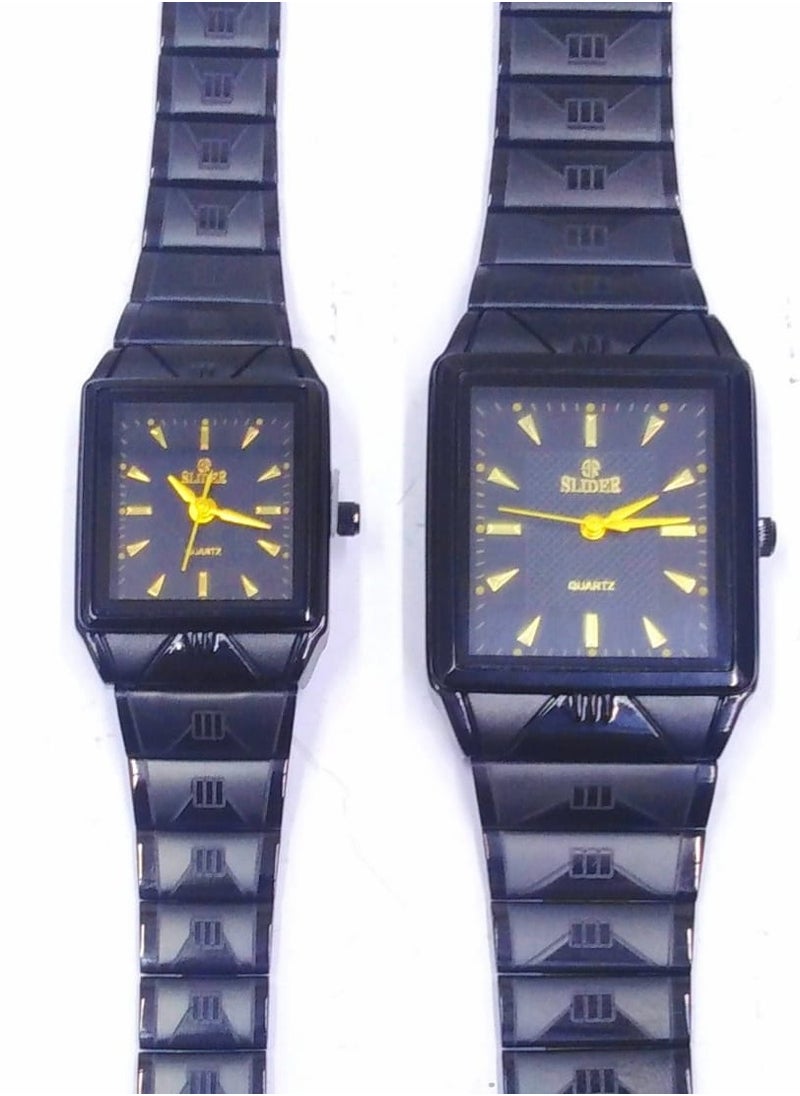 Square Quartz Watch Set, Black Metal Band, Gold Markers, 2 Pack