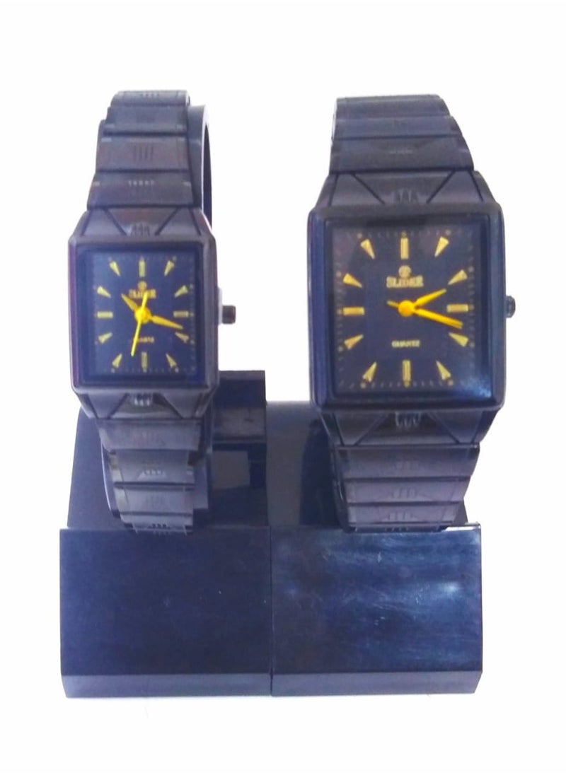 Square Quartz Watch Set, Black Metal Band, Gold Markers, 2 Pack