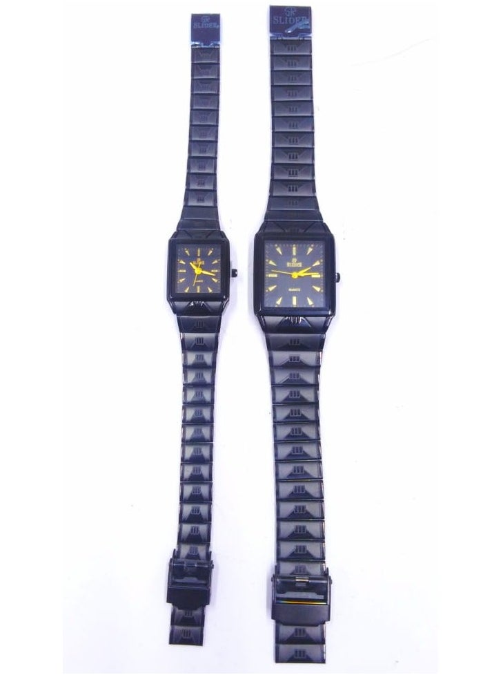 Square Quartz Watch Set, Black Metal Band, Gold Markers, 2 Pack
