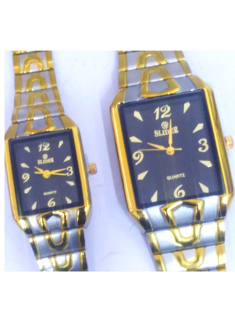 Couples Watch Set, Two-Tone Gold and Silver Band, Black Dial,