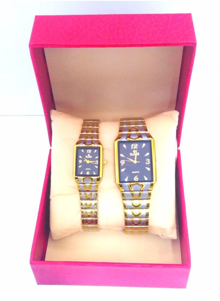Couples Watch Set, Two-Tone Gold and Silver Band, Black Dial,