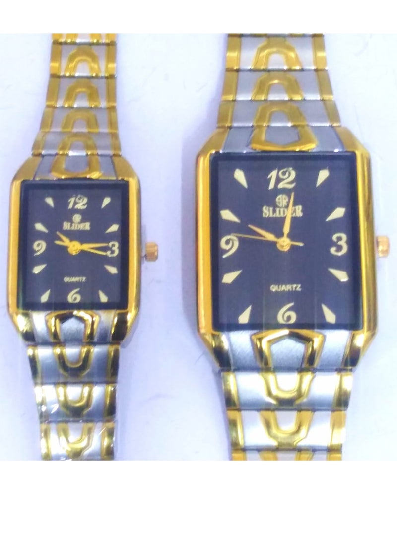 Couples Watch Set, Two-Tone Gold and Silver Band, Black Dial,