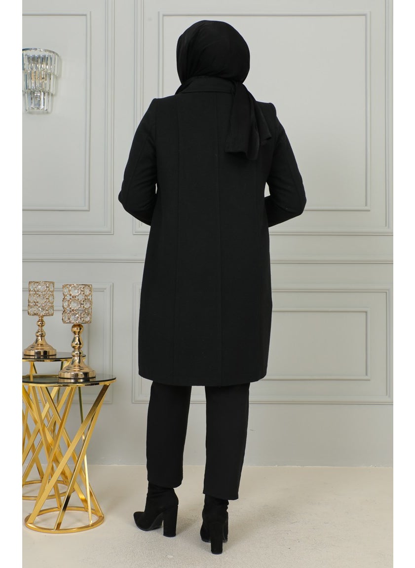 Plus Size Buttoned Cashmere Coat 1176-01 Black