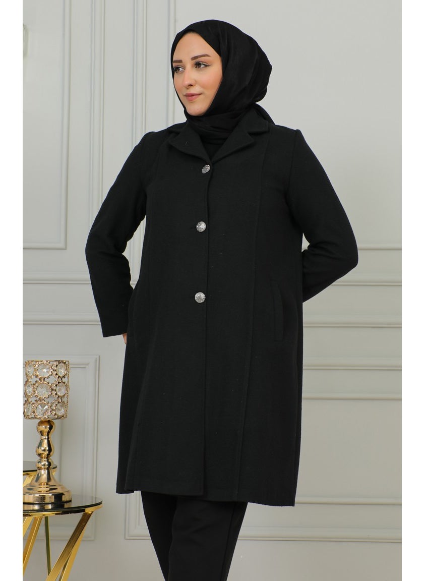Plus Size Buttoned Cashmere Coat 1176-01 Black