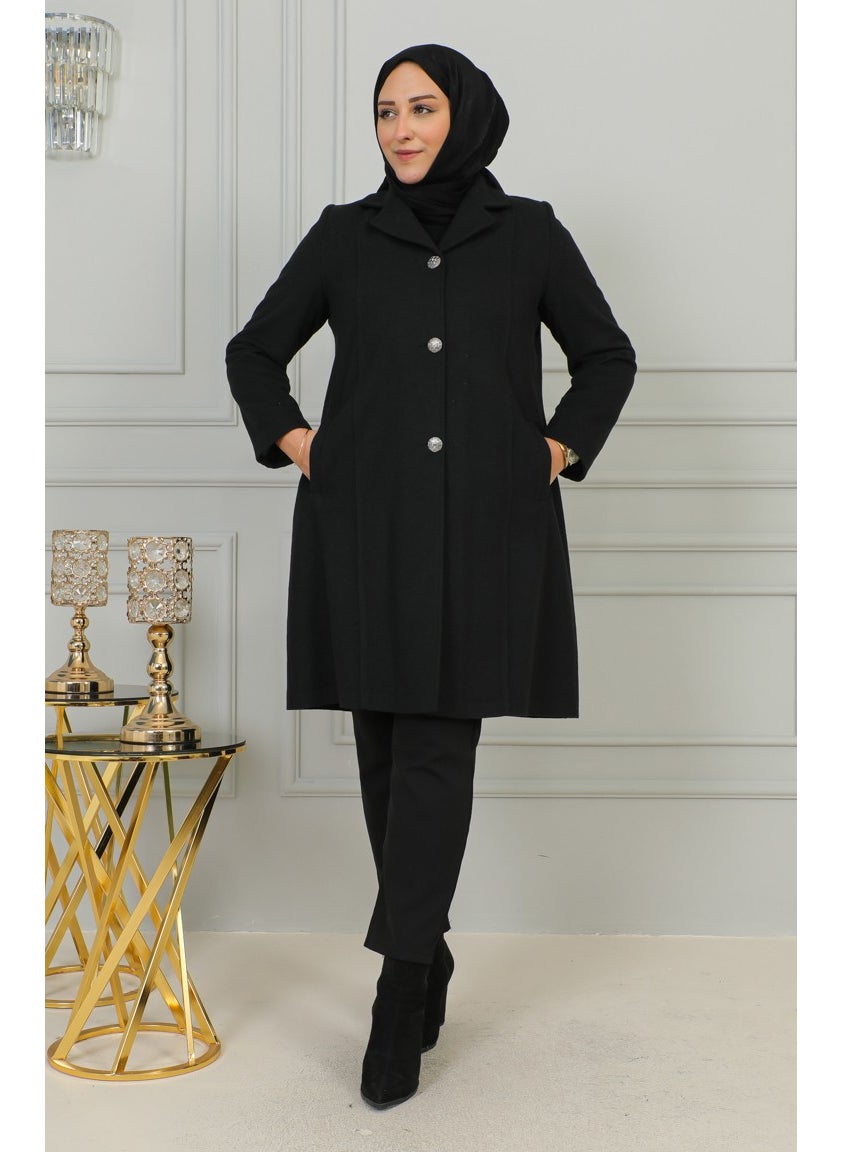 Plus Size Buttoned Cashmere Coat 1176-01 Black