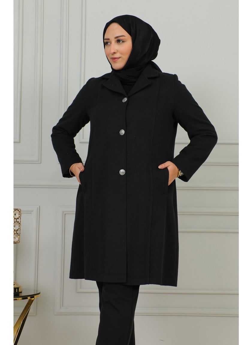 Plus Size Buttoned Cashmere Coat 1176-01 Black