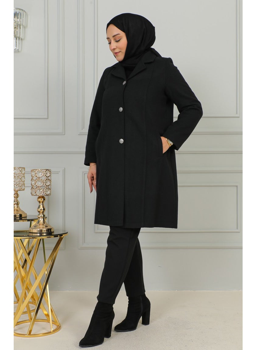 Plus Size Buttoned Cashmere Coat 1176-01 Black