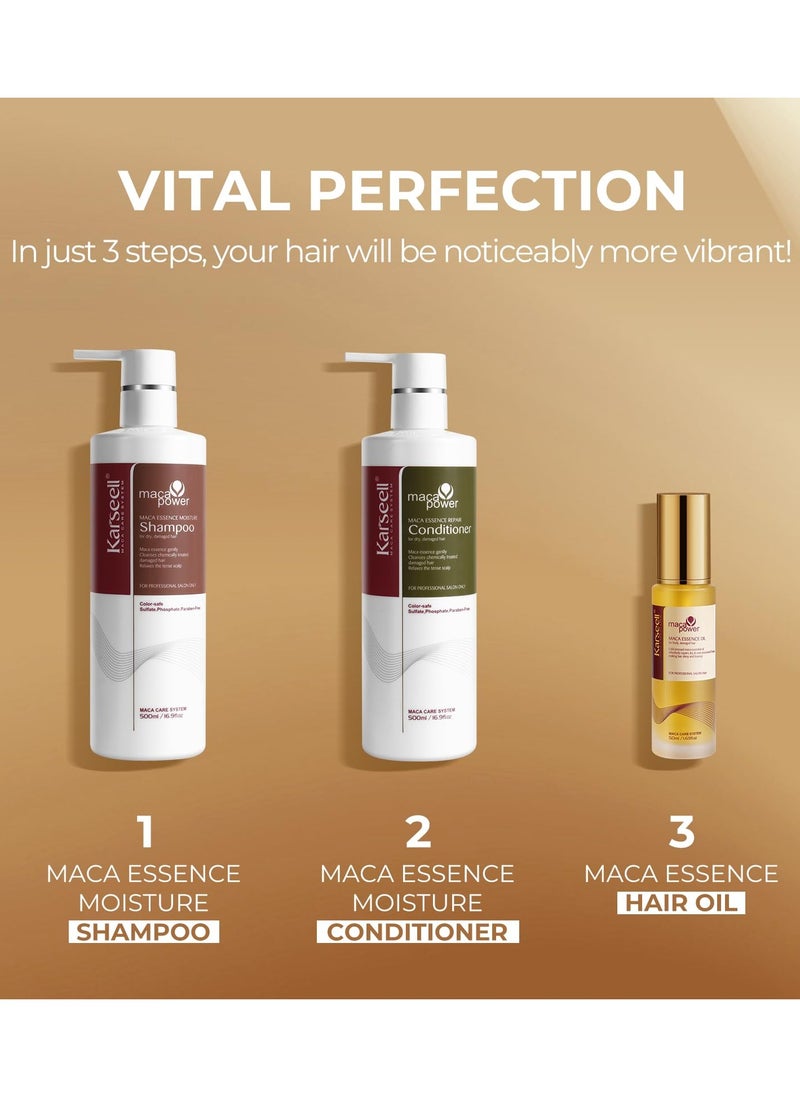 KarseellCollagen Hair Treatment Maca Essence Hair Care Set, Hair Oil Shampoo and Conditioner Set