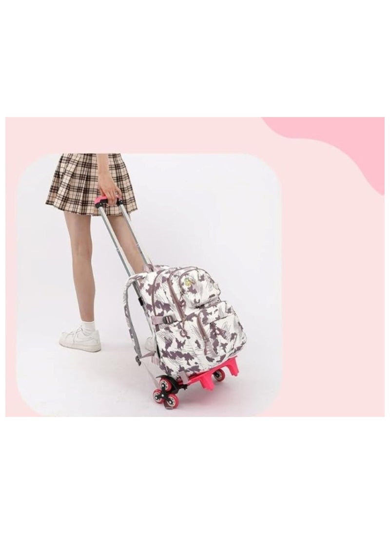 Children's Rolling Trolley Backpack with Artistic Brushstroke Design and Plush Toy White / Pink