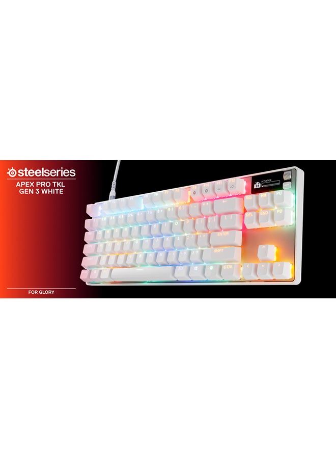 SteelSeries Apex Pro TKL Gen 3 White US Layout Keyboard OmniPoint 3.0 Switches, Adjustable Actuation, Rapid Trigger, Game-Ready Presets, Protection Mode, Rapid Tap / SOCD, OLED, RGB, PBT Keycaps, USB-C - White