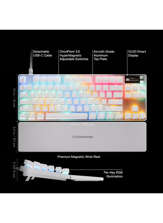 SteelSeries Apex Pro TKL Gen 3 White US Layout Keyboard OmniPoint 3.0 Switches, Adjustable Actuation, Rapid Trigger, Game-Ready Presets, Protection Mode, Rapid Tap / SOCD, OLED, RGB, PBT Keycaps, USB-C - White