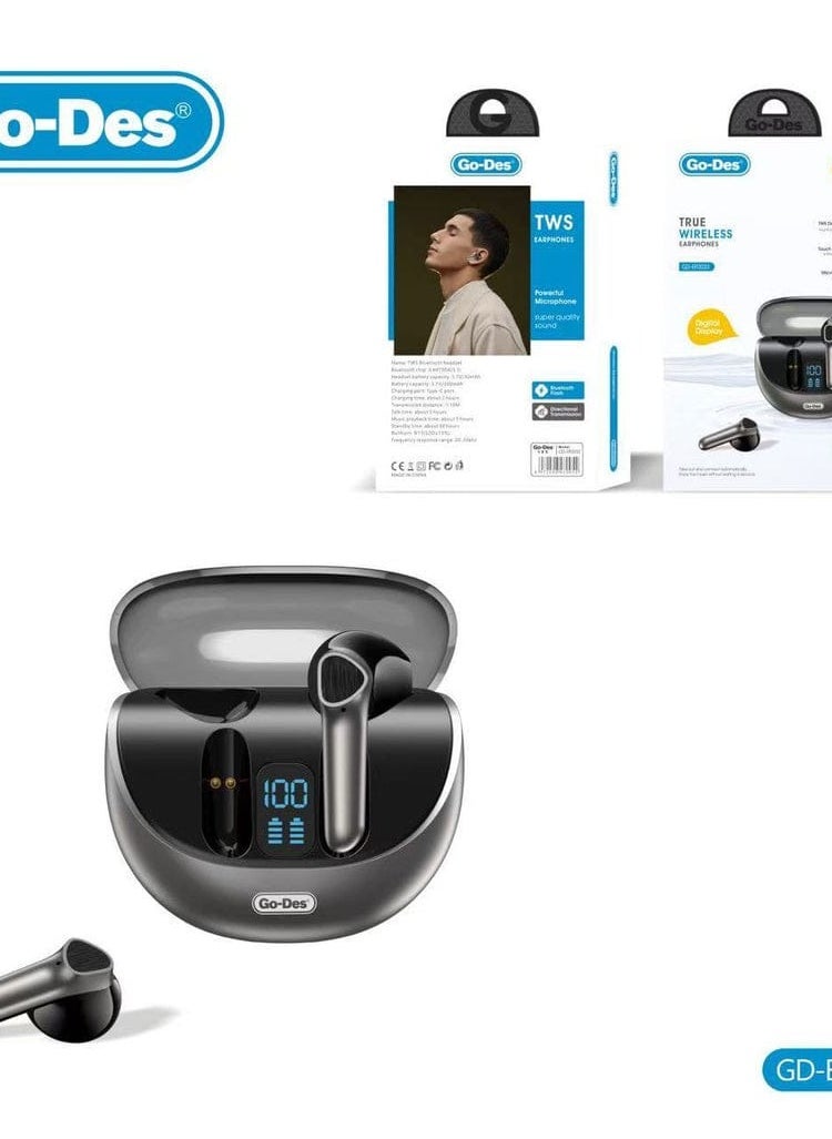 GO-DES TWS BLUETOOTH 5.3 EARPHONES WITH TOUCH CONTROL HD  MIC DIGITAL DISPLAY
