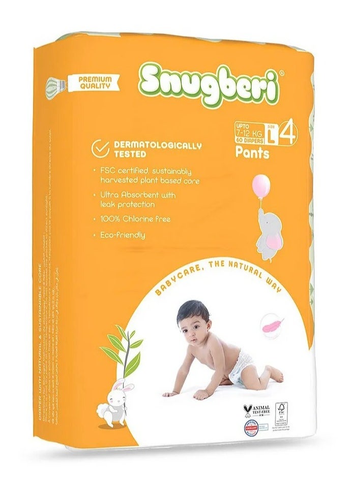Snugberi Pant Style Diapers, Size 4 Large, 60 Pieces, 7-12kg - Dermatologically Tested, Chlorine Free, Ultra Absorbent with Leak Protection