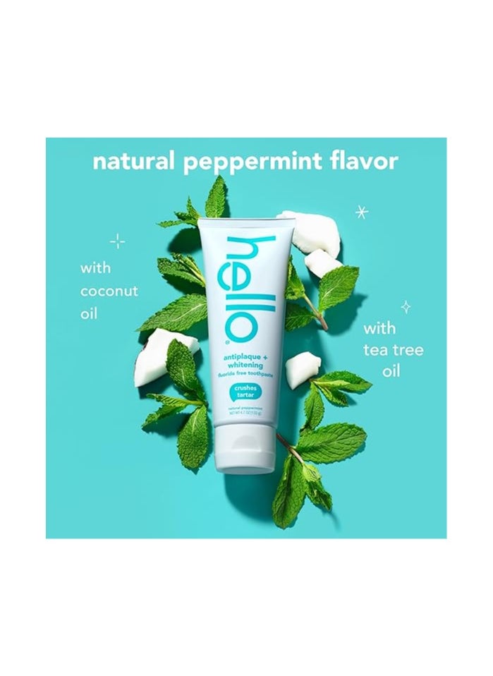 Hello Antiplaque Whitening Toothpaste, Fluoride Free Toothpaste for Teeth Whitening with Natural Peppermint Flavor and Tea Tree Oil, Peroxide Free, Gluten Free, SLS Free, 3 Pack, 4.7 OZ Tubes