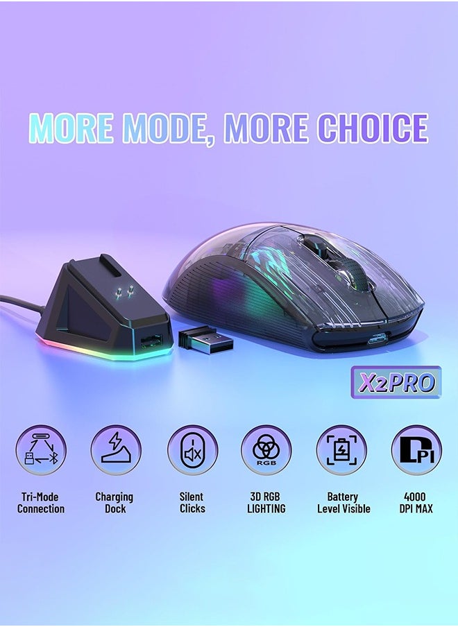 X2 Pro Wireless Gaming Mouse with Charging Dock, Silent Bluetooth Mouse (Tri-Mode BT5.0/2.4G/Wired), RGB Ergonomic Mouse 4000 DPI, Transparent Case, PC/Mac/Tablet, Black