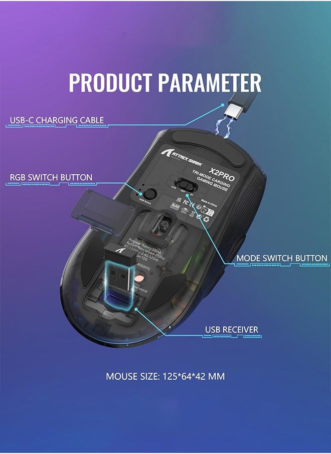 X2 Pro Wireless Gaming Mouse with Charging Dock, Silent Bluetooth Mouse (Tri-Mode BT5.0/2.4G/Wired), RGB Ergonomic Mouse 4000 DPI, Transparent Case, PC/Mac/Tablet, Black