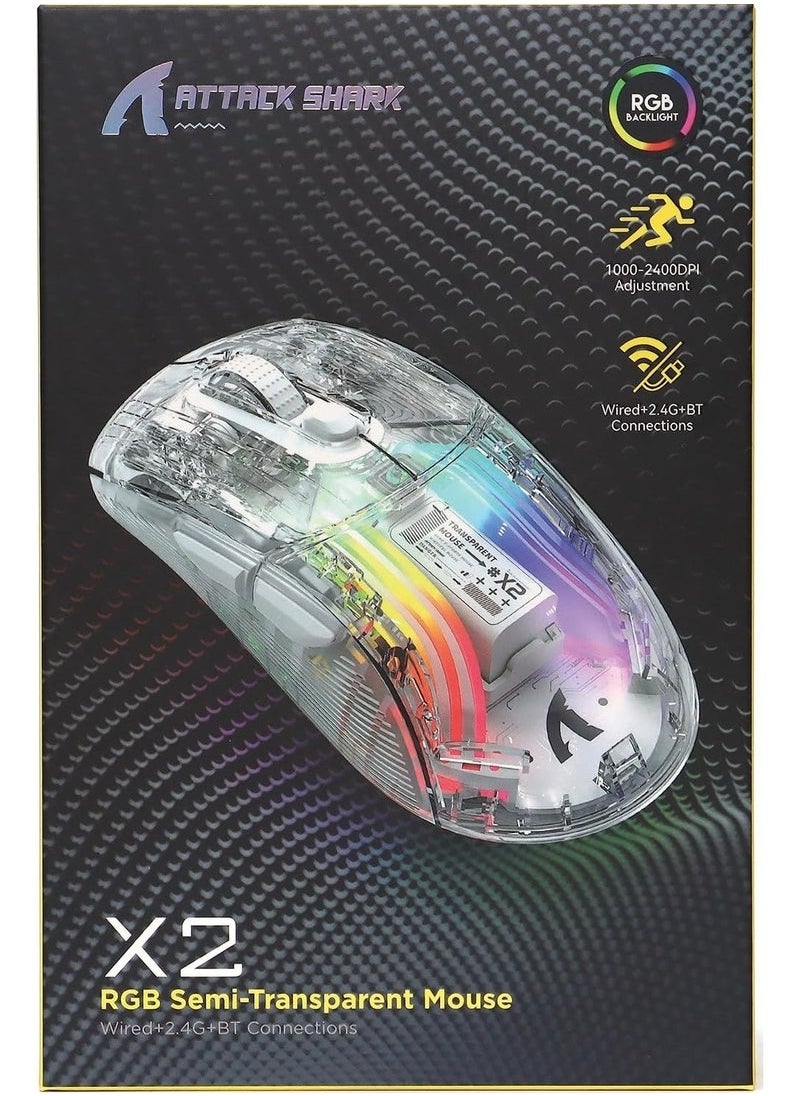 X2 Wireless Gaming Mouse, Tri-Mode Wireless Mouse-2.4Ghz/Bluetooth 5.0/USB C Wired, Ergonomic PC Gaming Mice with Transparent Shell-PixArt 3212-RGB Backlit-Silent Click for Win/MAC, White