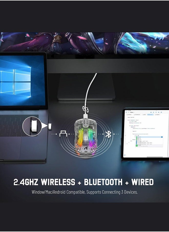 X2 Wireless Gaming Mouse, Tri-Mode Wireless Mouse-2.4Ghz/Bluetooth 5.0/USB C Wired, Ergonomic PC Gaming Mice with Transparent Shell-PixArt 3212-RGB Backlit-Silent Click for Win/MAC, White