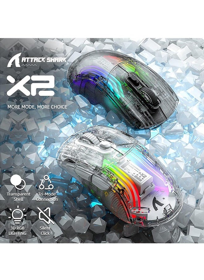 X2 Wireless Gaming Mouse, Tri-Mode Wireless Mouse-2.4Ghz/Bluetooth 5.0/USB C Wired, Ergonomic PC Gaming Mice with Transparent Shell-PixArt 3212-RGB Backlit-Silent Click for Win/MAC, White