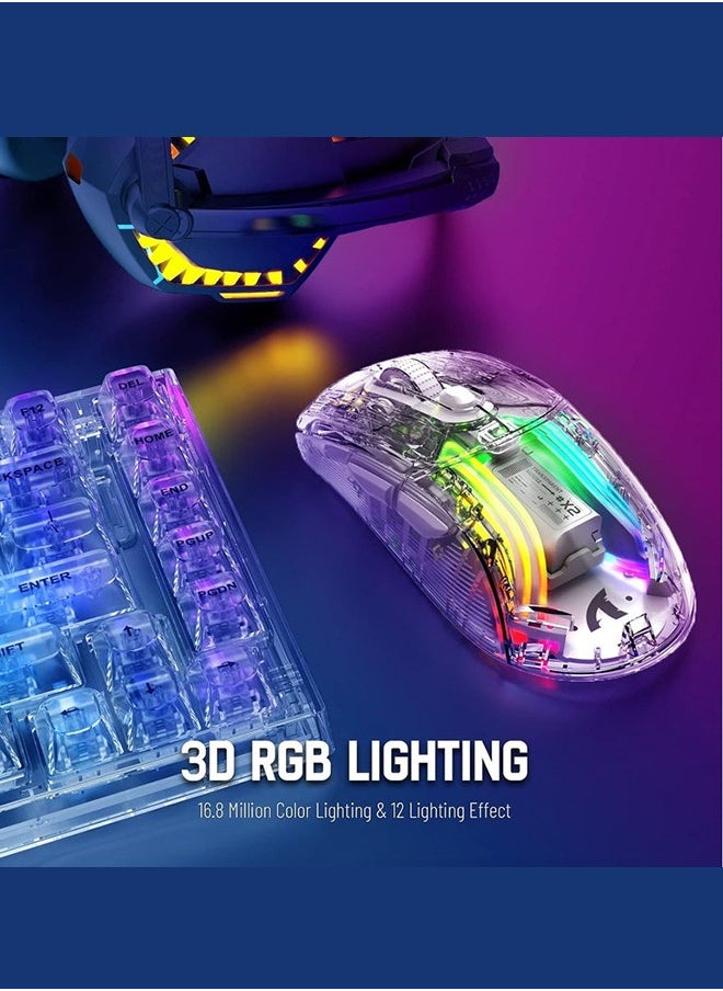 X2 Wireless Gaming Mouse, Tri-Mode Wireless Mouse-2.4Ghz/Bluetooth 5.0/USB C Wired, Ergonomic PC Gaming Mice with Transparent Shell-PixArt 3212-RGB Backlit-Silent Click for Win/MAC, White