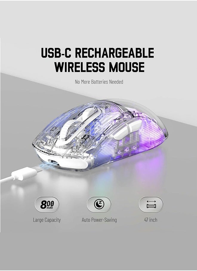 X2 Wireless Gaming Mouse, Tri-Mode Wireless Mouse-2.4Ghz/Bluetooth 5.0/USB C Wired, Ergonomic PC Gaming Mice with Transparent Shell-PixArt 3212-RGB Backlit-Silent Click for Win/MAC, White