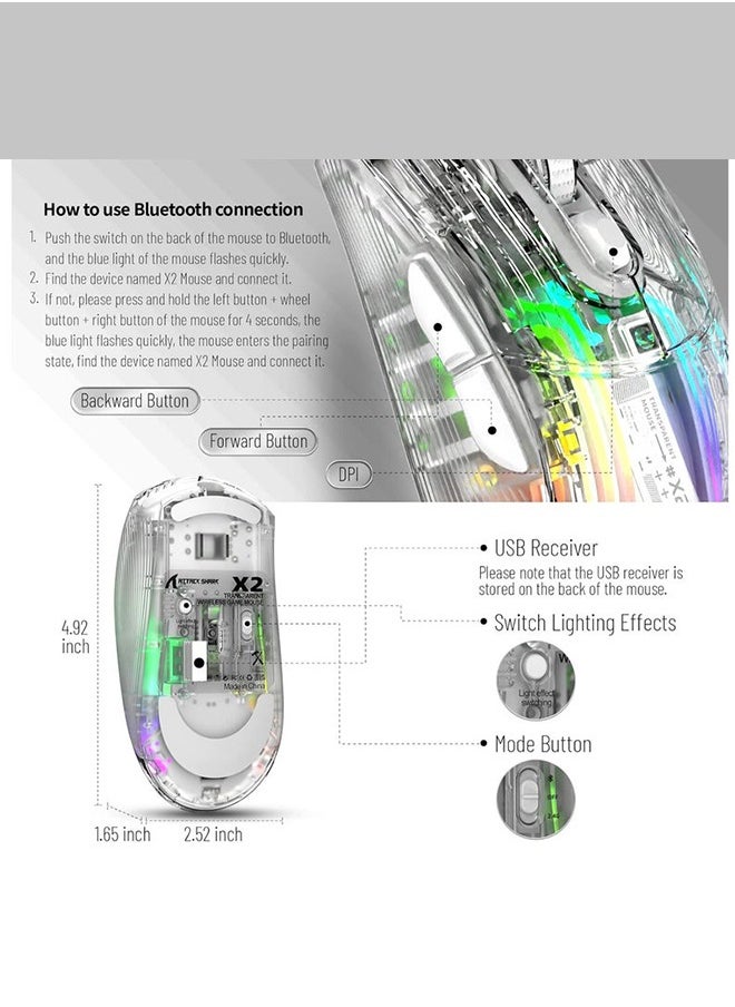 X2 Wireless Gaming Mouse, Tri-Mode Wireless Mouse-2.4Ghz/Bluetooth 5.0/USB C Wired, Ergonomic PC Gaming Mice with Transparent Shell-PixArt 3212-RGB Backlit-Silent Click for Win/MAC, White