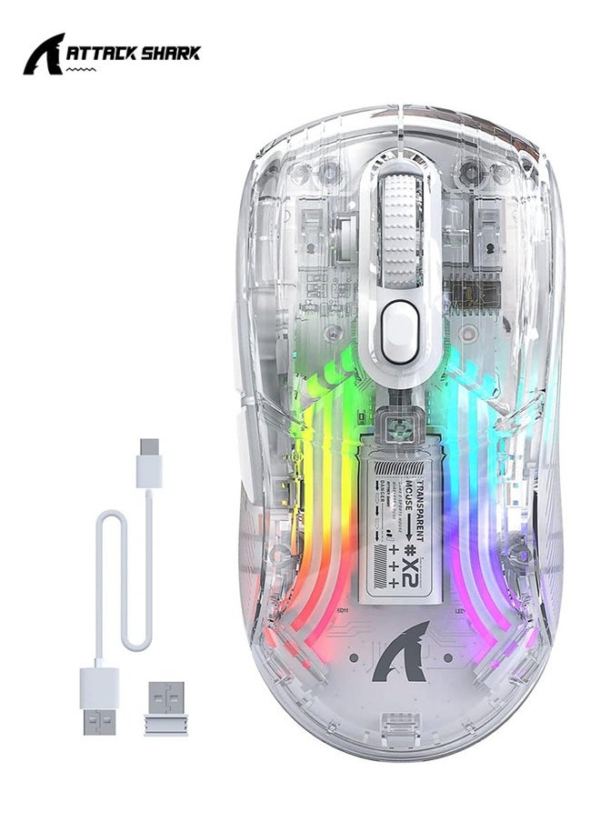 X2 Wireless Gaming Mouse, Tri-Mode Wireless Mouse-2.4Ghz/Bluetooth 5.0/USB C Wired, Ergonomic PC Gaming Mice with Transparent Shell-PixArt 3212-RGB Backlit-Silent Click for Win/MAC, White