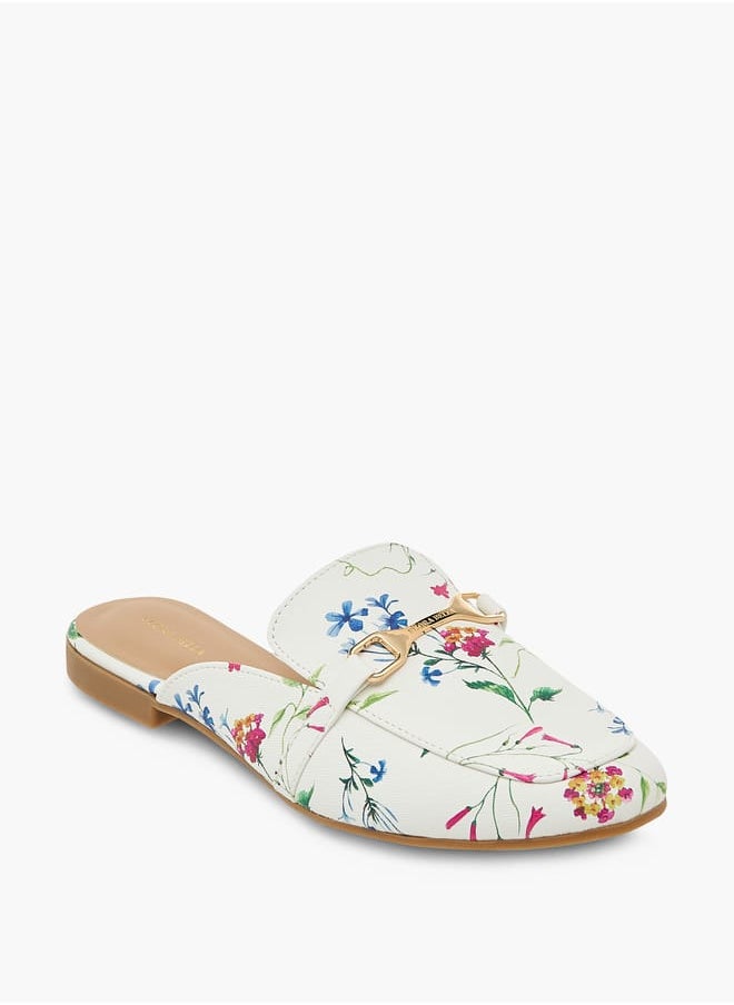 Women's Floral Print Slip-On Mules with Metallic Accent