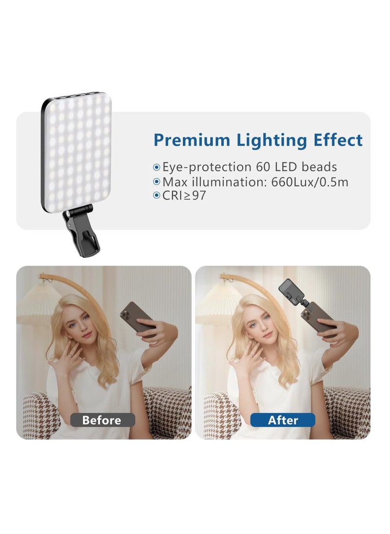 60 LED Portable Selfie Light Video Conference Lighting with Clip & Camera Tripod Adapter Rechargeable 2200mAh CRI 97+, 3 Light Modes for Phone iPhone Webcam Laptop Photo Makeup