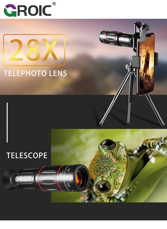 28X Telescope, Monocular Telescope Portable Telescope, 4 in 1 Phone Photography Kit, Lens Set with Flexible Phone Tripod, 28X Telephoto Lens, 198°Fisheye, 20X Macro & 0.6X Wide Angle Lens, Bag, etc