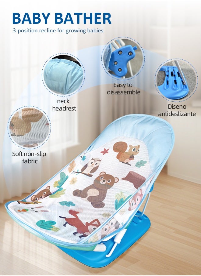 Portable Baby Shower Foldable Baby Bath Seat Chair Anti Slip Baby Bather for Babies 0-12 Months Baby Bathing Chair with 3 Position Adjustable and Washable Soft Mesh Seat