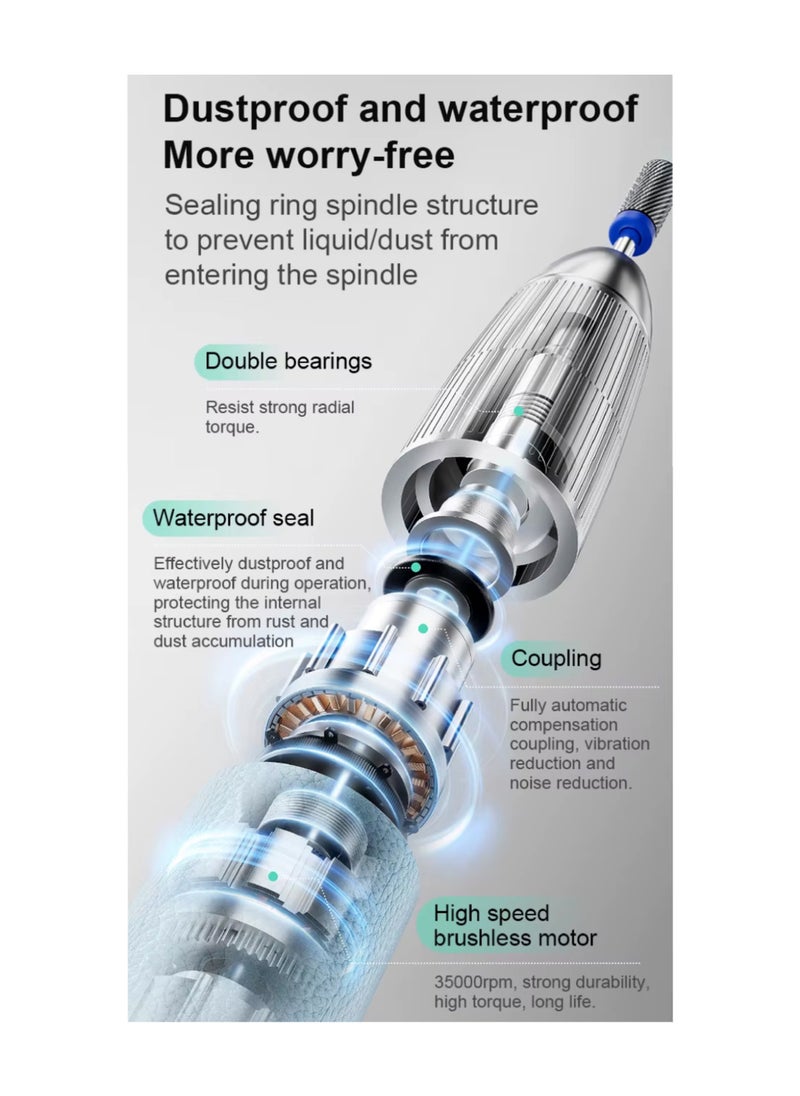 Yacht Master Professional Nail Drill Machine 35000 RPM Waterproof Dustproof Cordless Rechargeable with Brushless Motor 24W Power 1 Year Warranty 1 Nail Drill Bit