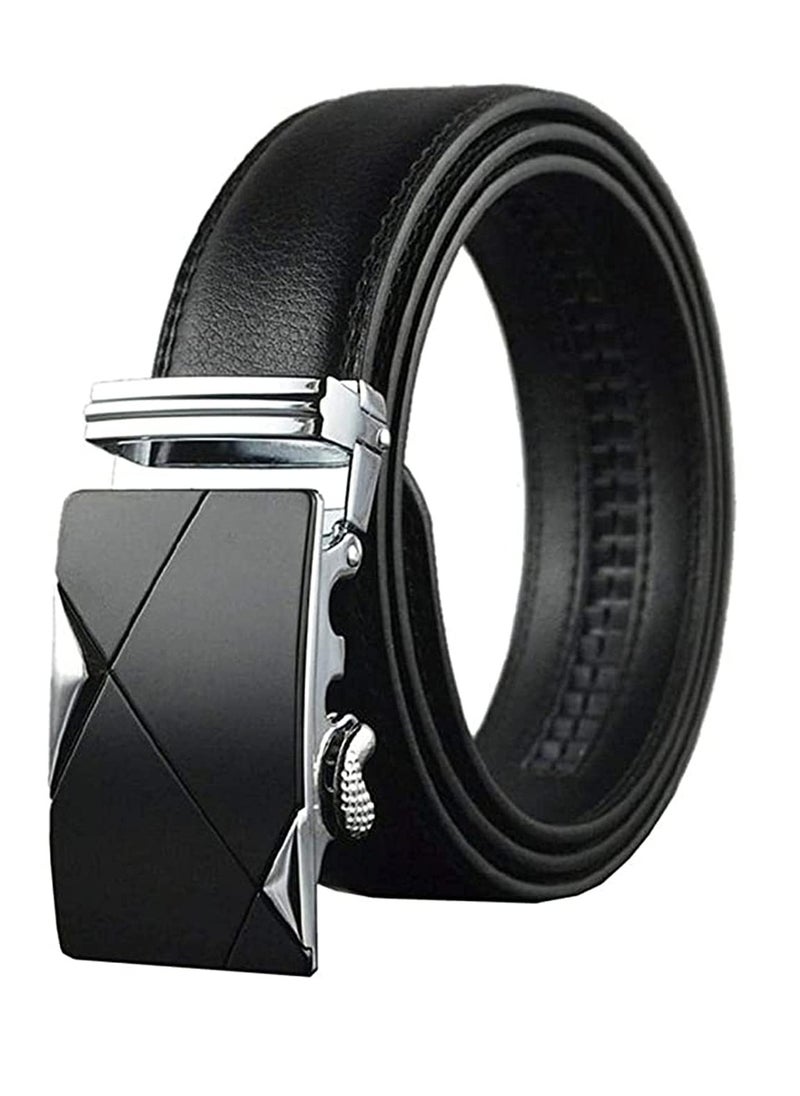 Mens Belt,Genuine Leather Fashion Belt Ratchet Dress Belt with Automatic Buckle, Soft Leather Business Belt Fashion for Casual Dress Jeans Khakis (Silver Buckle, Black)