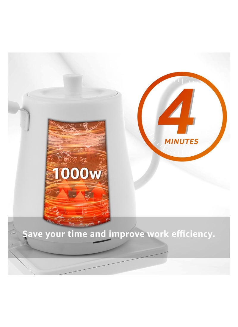 Electric Stainless Steel Kettle, 800ml Gooseneck Kettle Ultra Fast Boiling Hot Water Kettle, Auto Shutoff Anti-dry Protection, Hot Water Boiler for Pour-over Coffee, Tea, Leak-Proof Design (White)