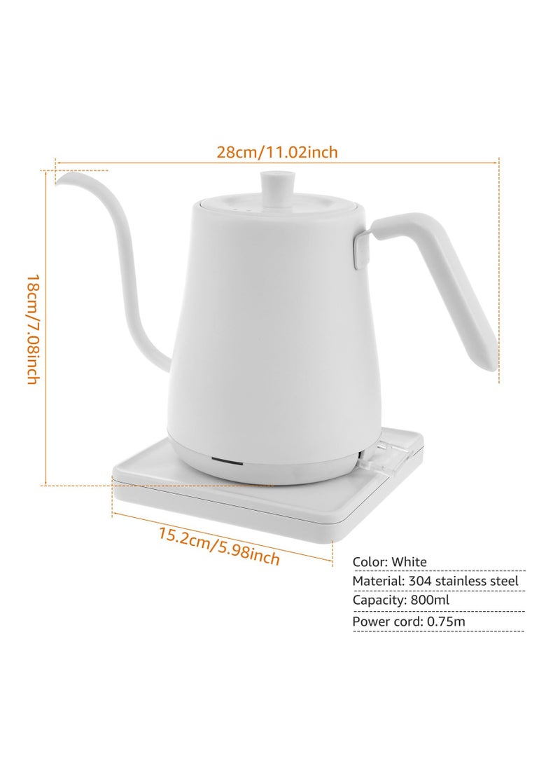 Electric Stainless Steel Kettle, 800ml Gooseneck Kettle Ultra Fast Boiling Hot Water Kettle, Auto Shutoff Anti-dry Protection, Hot Water Boiler for Pour-over Coffee, Tea, Leak-Proof Design (White)