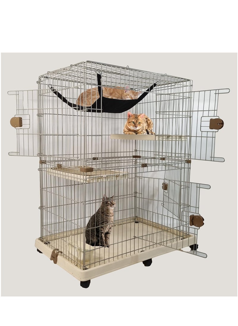 Cat Cage - Pet House with Multiple Lockable Doors - Hammock, Scratching Mat, Climbing ladder, Food bowls and Universal Wheels - Durable Metal Wire Cat House for Indoor/outdoor Use 115 cm (Beige)