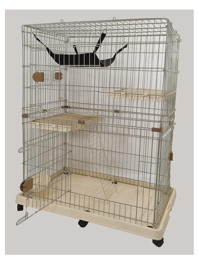 Cat Cage - Pet House with Multiple Lockable Doors - Hammock, Scratching Mat, Climbing ladder, Food bowls and Universal Wheels - Durable Metal Wire Cat House for Indoor/outdoor Use 115 cm (Beige)