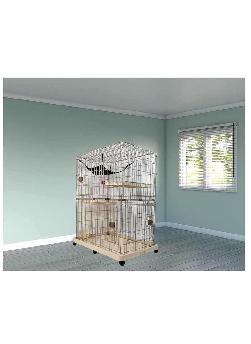 Cat Cage - Pet House with Multiple Lockable Doors - Hammock, Scratching Mat, Climbing ladder, Food bowls and Universal Wheels - Durable Metal Wire Cat House for Indoor/outdoor Use 115 cm (Beige)
