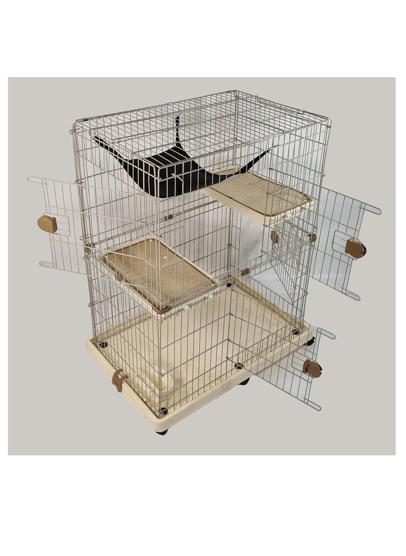 Cat Cage - Pet House with Multiple Lockable Doors - Hammock, Scratching Mat, Climbing ladder, Food bowls and Universal Wheels - Durable Metal Wire Cat House for Indoor/outdoor Use 115 cm (Beige)