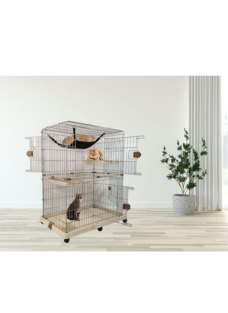 Cat Cage - Pet House with Multiple Lockable Doors - Hammock, Scratching Mat, Climbing ladder, Food bowls and Universal Wheels - Durable Metal Wire Cat House for Indoor/outdoor Use 115 cm (Beige)